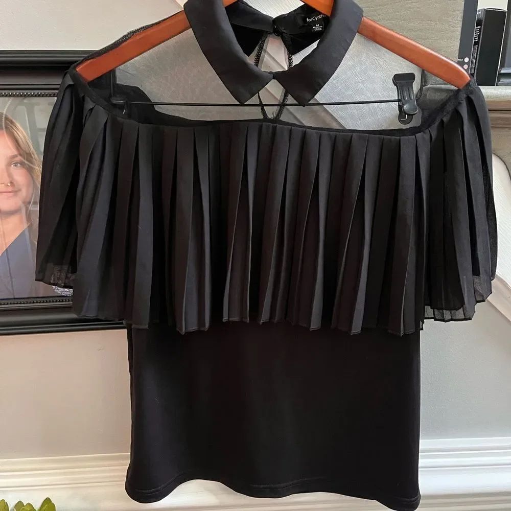 For Cynthia Black Sheer Ruffle Whimsigoth Collared Blouse sz M